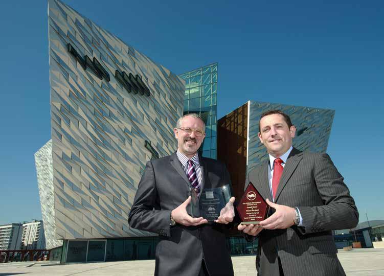 (l-r) Tim Husbands, Chief Executive, Titanic Belfast and Mark O Connor, Director, Marcon Fit-Out pictured with the two prestigious awards won at two separate award ceremonies in London.