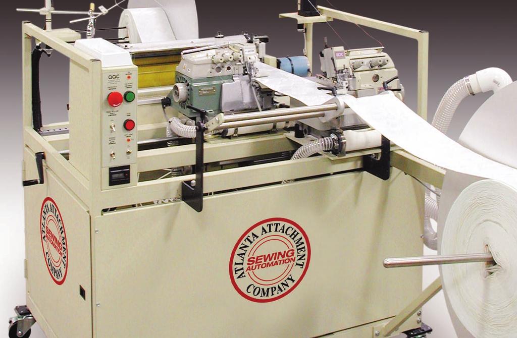 Model 1961 Border Serging Workstation Automatically serges one or both edges of a border and rewinds 83 FPM of border serging both sides 166 FPM serging two borders simultaneously No mechanical jack