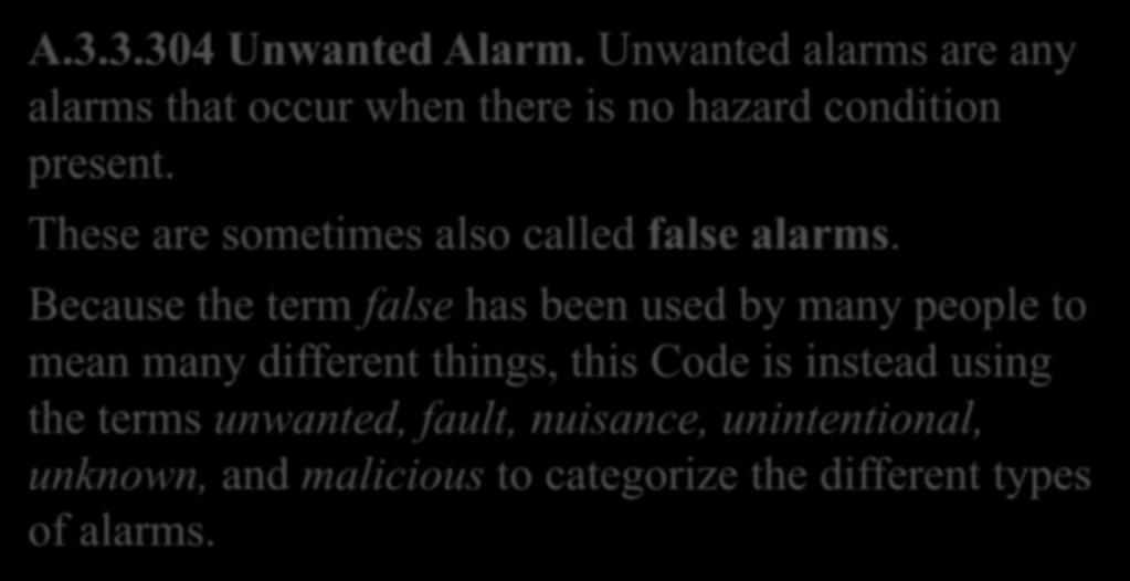 NFPA 72- Cont.d., A.3.3.304 Unwanted Alarm. Unwanted alarms are any alarms that occur when there is no hazard condition present. These are sometimes also called false alarms.