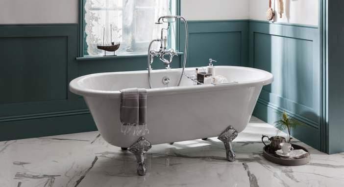 Windsor 1700mm bath with luxury chrome claw feet and Claremont deck-mounted angled bath shower mixer, decorative shrouds, exposed