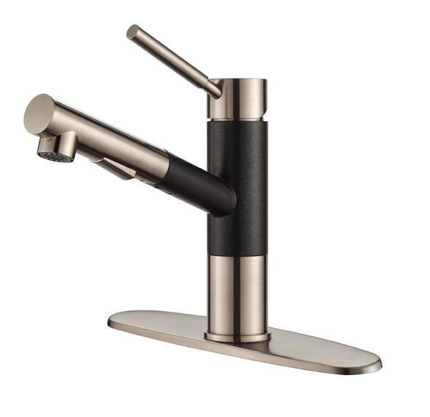 GEO AXIS DESCRIPTION 08 Geo Axis KPF-1750 Single Lever Pull-Out Kitchen Faucet Features: Durable Stainless/Spotless Black Onyx Finish LiteTouch Single-Lever Flow Control High Performance / Low Flow