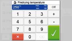 5. Operation and Configuration Example 2: Changing the predrying temperature 1. Press the [Options] button. 2. Scroll to the next page in the Options menu. 3. Press the [Predrying Temperature] button.
