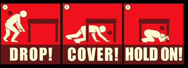 During an Earthquake Drop, cover and hold on! If indoors, stay there!