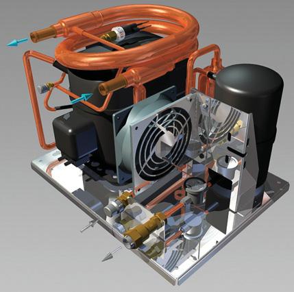 compressors with air cooled, water cooled or keel cooled condensers; moving up to larger water cooled