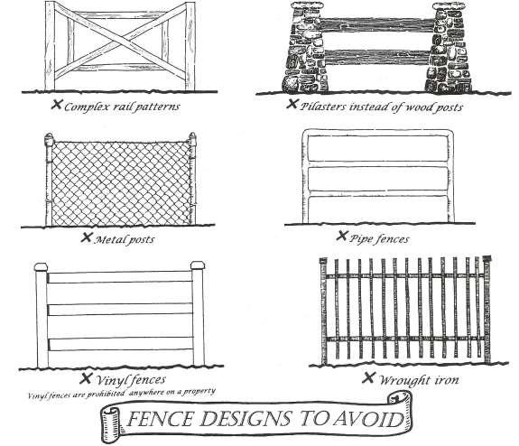 Page 5 of 11 Inappropriate Designs 1) The following fences are discouraged: a) Designs which are inherently prominent or eye-catching i) Ornate or unusual post designs ii) Busy rail patterns iii)