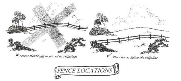 Page 8 of 11 FENCE LOCATIONS Fences should not be located in areas that will heighten their prominence. 1. Do not place fences along a ridgeline where it creates the silhouette of the fence.