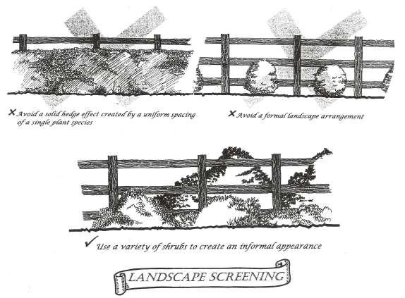 Page 9 of 11 LANDSCAPE SCREENING FOR FENCES With the exception of fences used to contain horses, fences should usually be landscaped to reduce the fence s prominence.