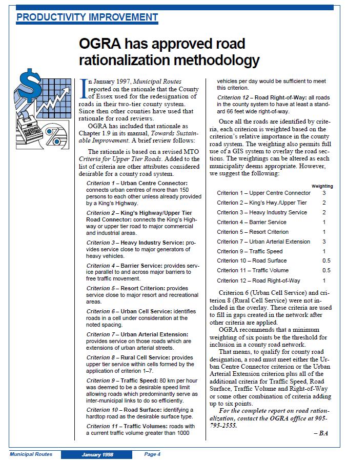 2017 Road Rationalization Study 14 Consideration for 1971 & 1986 District Road reviews Ontario Good Roads