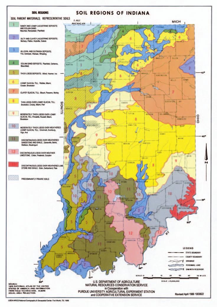 Figure 1.2. This map shows the various soil regions of Indiana.