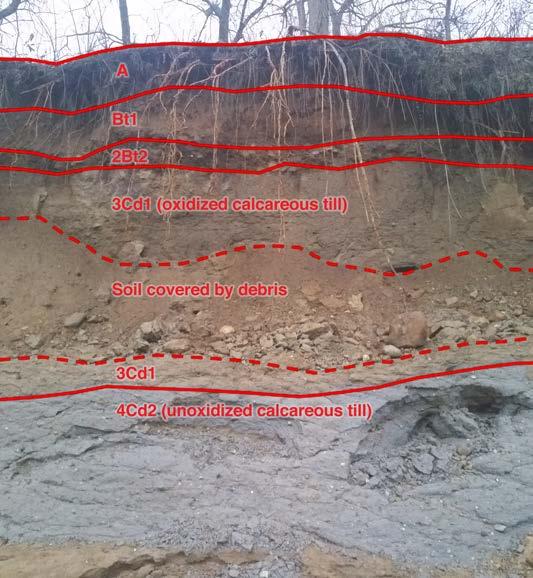 Figure 2. This figure shows the soil processes and horizons on the cover photo. Photo provided by Ryan Schroeder. There are stones in the till and that were rounded during transport by ice.