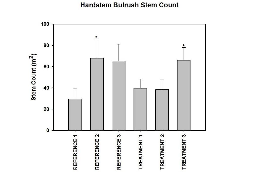 Figure 3. Hardstem bulrush stem (leaf) count in the reference and treatment sites on Lake Sallie. Numbers after site names represent data collection efforts.