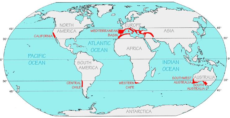 Mediterranean Climate Areas Map of the world with Mediterranean climate areas shown in red; all Mediterranean