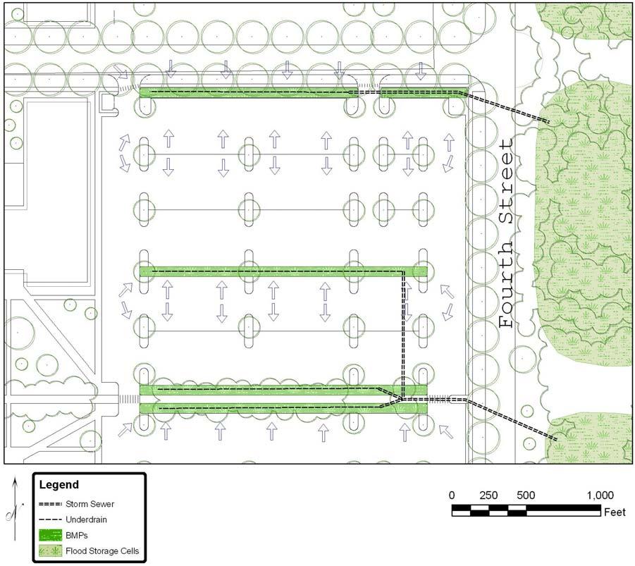 Figure 3-2 Proposed BMP Layout for a Typical South Campus Parking Lot Bioretention BMPs, such as rain gardens or bioswales, are capable of being implemented in a variety of locations and conditions