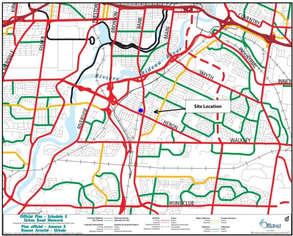 Figure 4.4: City of Ottawa Official Plan - Schedule E: Urban Road Network The proposed development is in an ideal location to take advantage of existing and planned transportation networks.