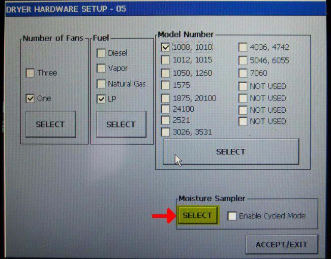 Select enable moisture sampler cycled mode in dryer model setup.