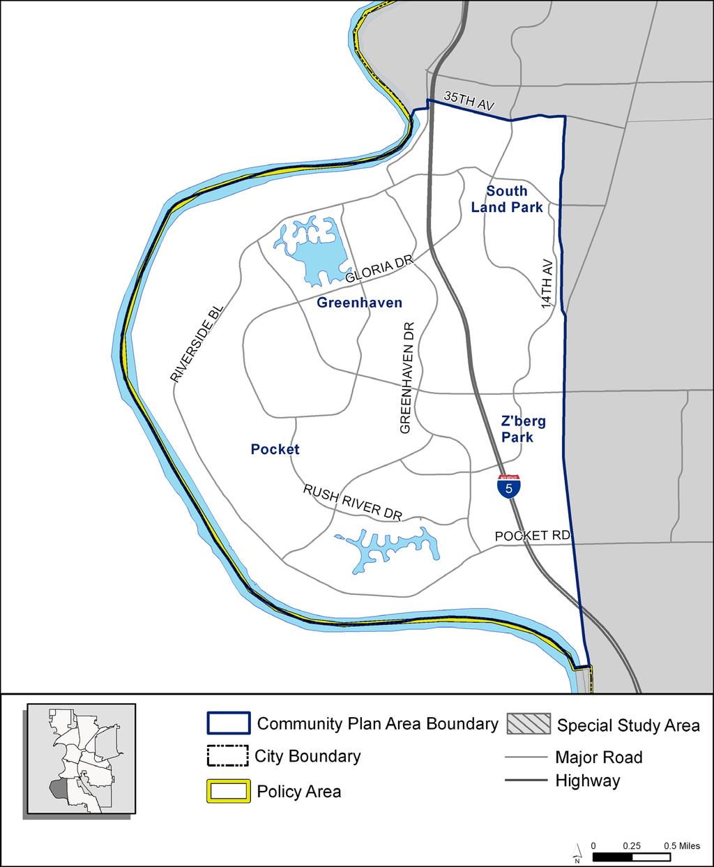 POCKET COMMUNITY PLAN Community Location The Pocket Community Plan Area and neighborhoods are located south of Downtown Sacramento in a pocket of land created by a bend in the Sacramento River, as