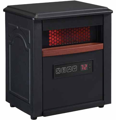 91HM100-01 INFRARED QUARTZ HEATER 2 AAA batteries included MATTE BLACK WITH ENGINEERED CHERRY ACCENT 11.65" W x 9.02" D x 13.