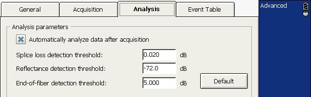 Testing Fibers in Advanced Mode Enabling or Disabling Analysis After Acquisition To enable or disable the analysis after trace acquisition: 1. From the button bar, press OTDR Setup. 2.