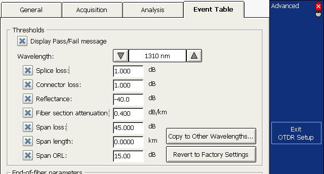 Testing Fibers in Advanced Mode Setting Pass/Fail Thresholds To set pass/fail thresholds: 1. From the button bar, select OTDR Setup, then select the Event Table tab. 2.