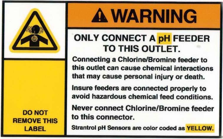 WARNING NOTIFICATIONS WARNING REGARDING CONNECTING ph & CHLORINE OR BROMINE FEEDERS Oxidizers (Chlorine or Bromine), acids (Muriatic or Carbon Dioxide) and caustics (Sodium Hydroxide, Caustic Soda,
