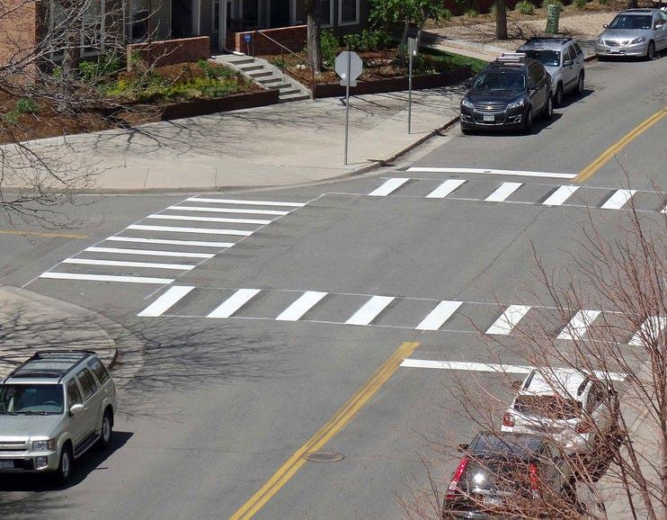Painted crosswalks are more durable and easier to maintain than inset brick pavers, which rapidly degrade Drought tolerant, hardy, and diverse plantings used as a border in the