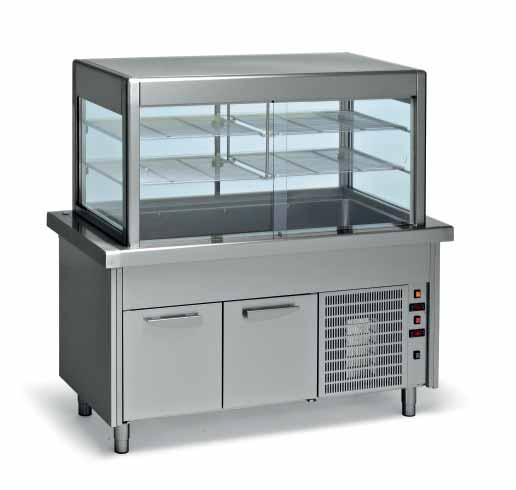 Display case on refrigerated cabinet with hinged doors