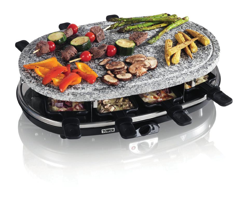 T14017 8 Person Stone Oval Raclette WHAT S IN THE BOX Instruction Manual 1. Stone Plate 2. Non Slip Feet 3. 8 non-stick Raclette Pans with cool touch handles 4. Temperature Regulator 5.