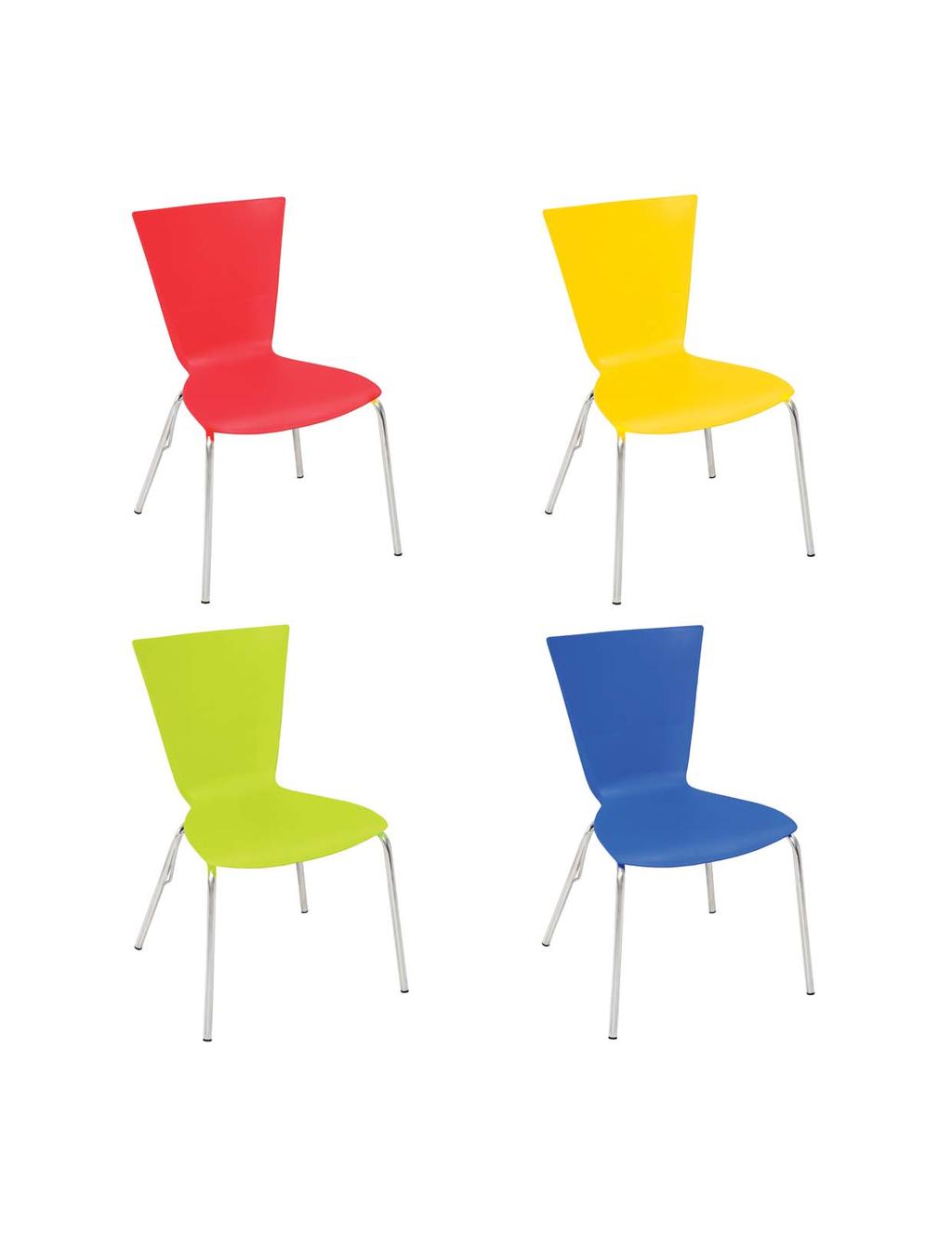 VIENNA RED YELLOW FLUORESCENT GREEN BLUE VIENNA is a stackable chair with seat moulded in tough virgin polymers and legs of stainless steel.