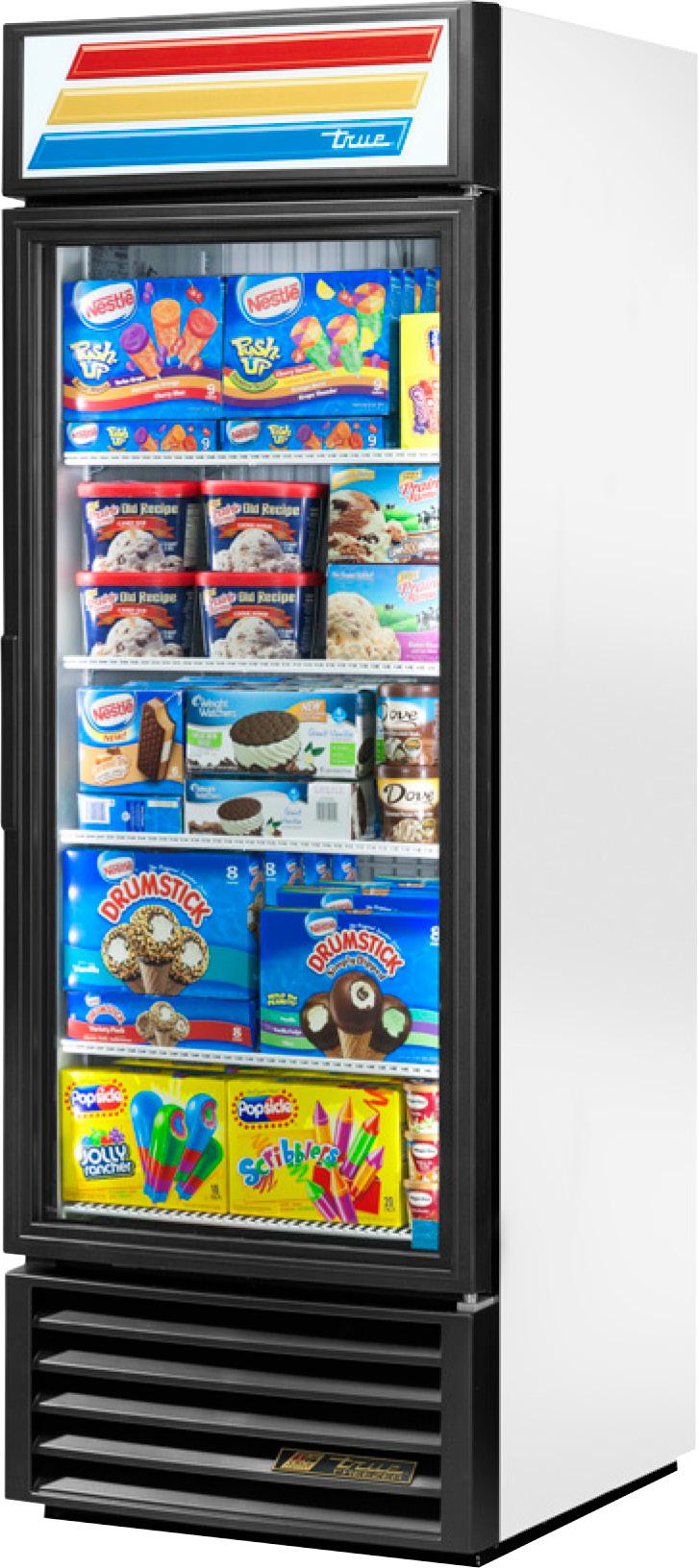 Ideal for ice cream and frozen food products. Self closing door. Positive seal, torsion type closure system. Triple pane thermal glass door assembly with extruded aluminum frame.