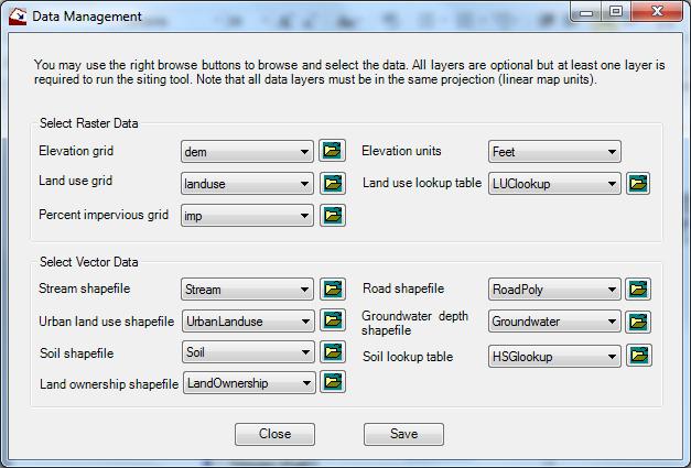 3.2 Define GIS Dataset To define required GIS dataset in your ArcMap project for the Siting Tool: To activate the BMP Siting Tool, if you have not already done so, follow the steps in section 1.2. Click the Data Management button ( ) on the BMP Siting Tool toolbar ( ) that opens the Data Management window shown in Figure 3-2.