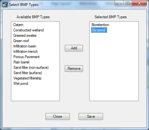 To run the Siting Tool for more than one BMP type, repeat the steps in section 3.3 and add Dry Pond to the selected BMP types (Figure 3-6). Figure 3-6. Adding Dry Pond to selected BMP types.