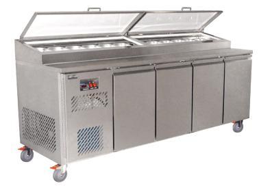 REFRIGERATED PIZZA PREPARATION BENCHES Angled Refrigerated GN 1/3 size service well with cold air blowing above and below ingredient pans. Includes under counter refrigerated storage below.