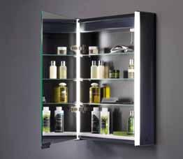 3 adjustable glass shelves. Infrared no touch on/ off switch operates lighting. Convenient, removable trays in base. AS615ANIL 422.22 Summit White Double mirror glass door cabinet.