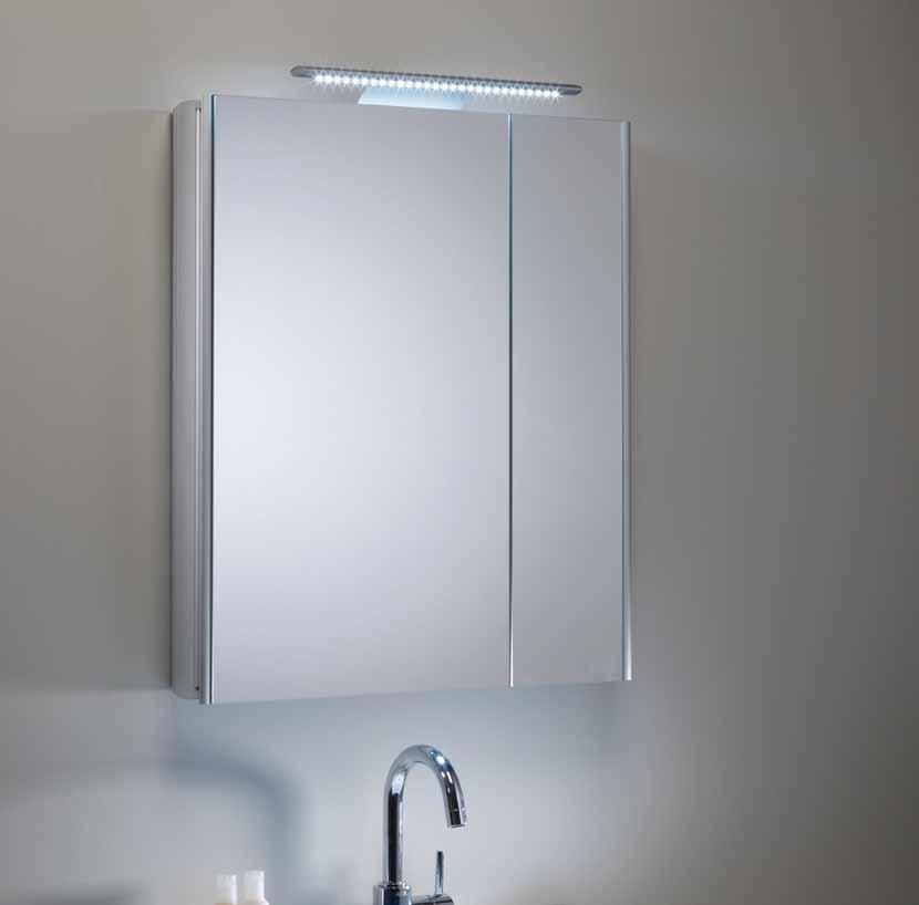 1 1&2. Refine slimline double mirror glass door cabinet with LED lights, infrared switch and electric shaver/toothbrush socket 362.67 Refine is available with LED light fittings.