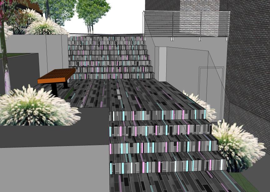 To animate the passageway with light, linear stone pavers on a running bond are interspersed with narrow strips of