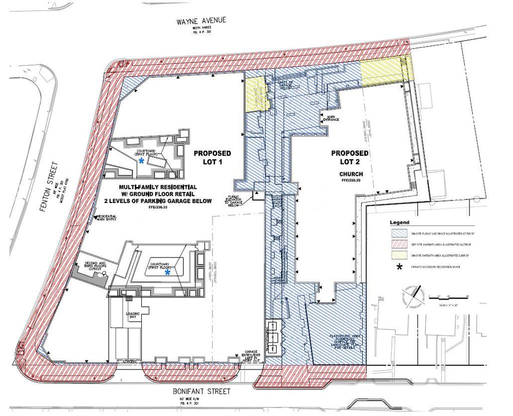 primary pedestrian point of access to the residential units in the mixed-use building will be from Fenton Street. The primary point of access to the church will be from Wayne Avenue.