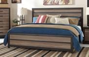 mattresses Beds available: King Panel Bed (56/58/97) King Panel HB (58/B100-66) B325 Harlinton B346 Saveaha Sophisticated two-tone modern group with a chunky look Warm gray vintage finish with white