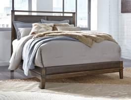Mindi veneers for a woody feeling Upholstered panel headboard has a contemporary open cap rail design Low-profile footboard features cushioned wrap-around upholstery Case pieces offer off-the-floor