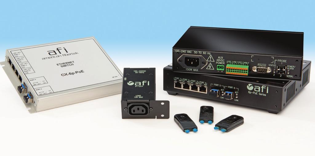 Contact I/Os tunnel to other afi products or communicate via SNMP or TCP/IP protocols to software management systems. Four 10/100 Base-TX ports with 802.
