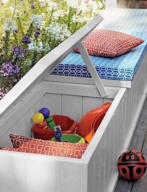 POOL STORAGE BENCH Store pool maintenance supplies where you sit! Benches are another simple storage option that also serve a basic function.