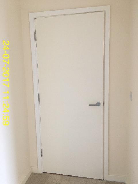 Master Bedroom ID Condition at Inventory Condition at Check-in Door and frame 5.1 One white painted single panelled wooden door with white wooden painted frame and aluminium effect door furniture.