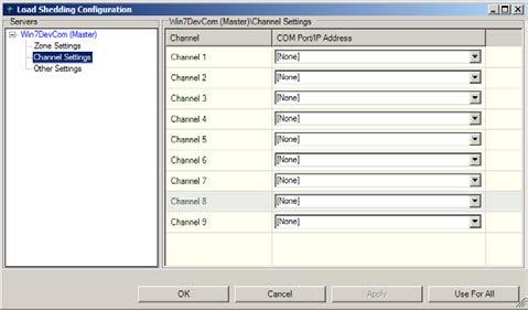 11.3.2 CHANNEL SETTINGS The Channel Settings contain the definitions of where Raychem Supervisor will send out the Load Shedding commands.