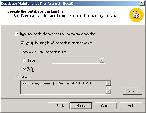setting the location to Disk. The default schedule is set to: Occurs every 1 week(s) on Sunday, 2:00:00AM.