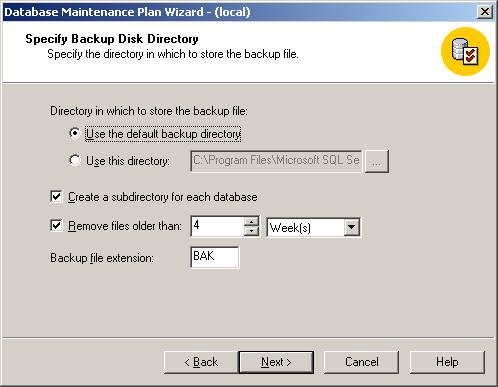 10. From the Specify Backup Disk Directory window, specify the following options and click Next as shown in the following example. Define the disk backup location.