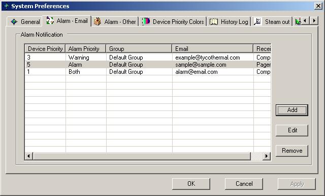 3.5.2 ALARM EMAIL NOTIFICATION SETTINGS This window includes the Alarm Email Settings and is used to set up Raychem Supervisor to send an email to a specific email address(es) when an alarm occurs.