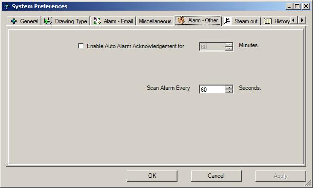 3.5.3 OTHER ALARM SETTINGS This window includes settings for Auto Alarm Acknowledgement and Alarm Scan interval. For more information on Auto Alarm Acknowledgement, refer to Section 4.12.