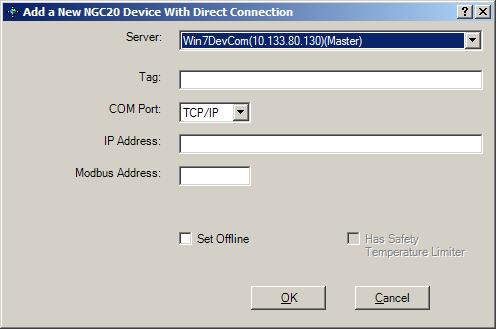 (refer to or Figure 3-15 Figure 3-15 Add a New HTC Direct window or Figure 3-16Figure 3-16 Add a New NGC-20 Device with Direct Connection window). 4.