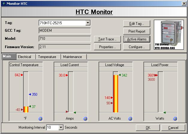 The Monitor window includes four buttons that allow you to: Print an active alarm report Test the tracing Jump to the appropriate Configuration window Print a Monitor report Figure 4-17 HTC Monitor