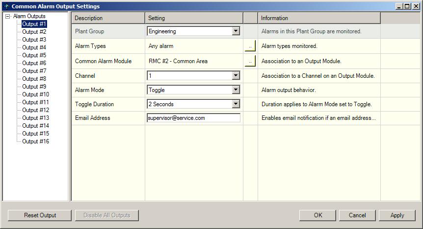 The Common Alarm Output Configuration includes a set of screens to allow a Raychem Supervisor administrator to setup the Common Alarm Outputs for their system.
