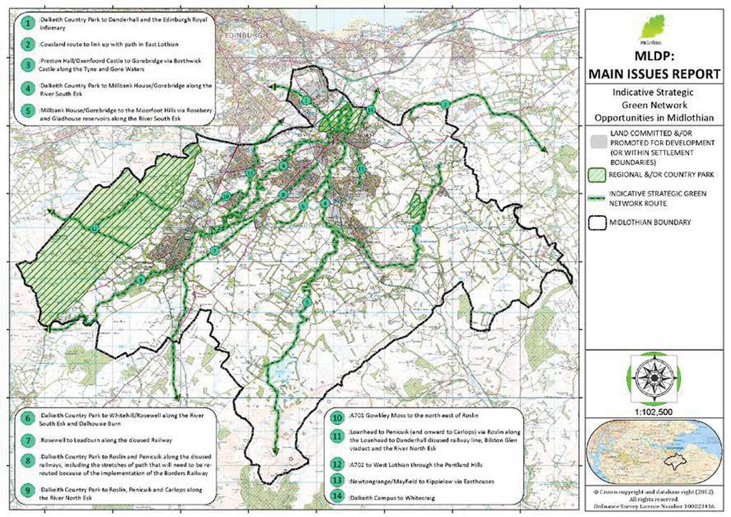 Green Networks in Planning Policy and Management Midlothian Midlothian Council identified in their LDP MIR indicative strategic Midlothian wide Green Network opportunities and settlement level green